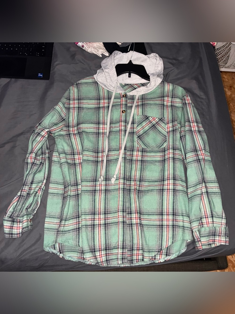 Mint Plaid Hooded Flannel Shirt - Casual